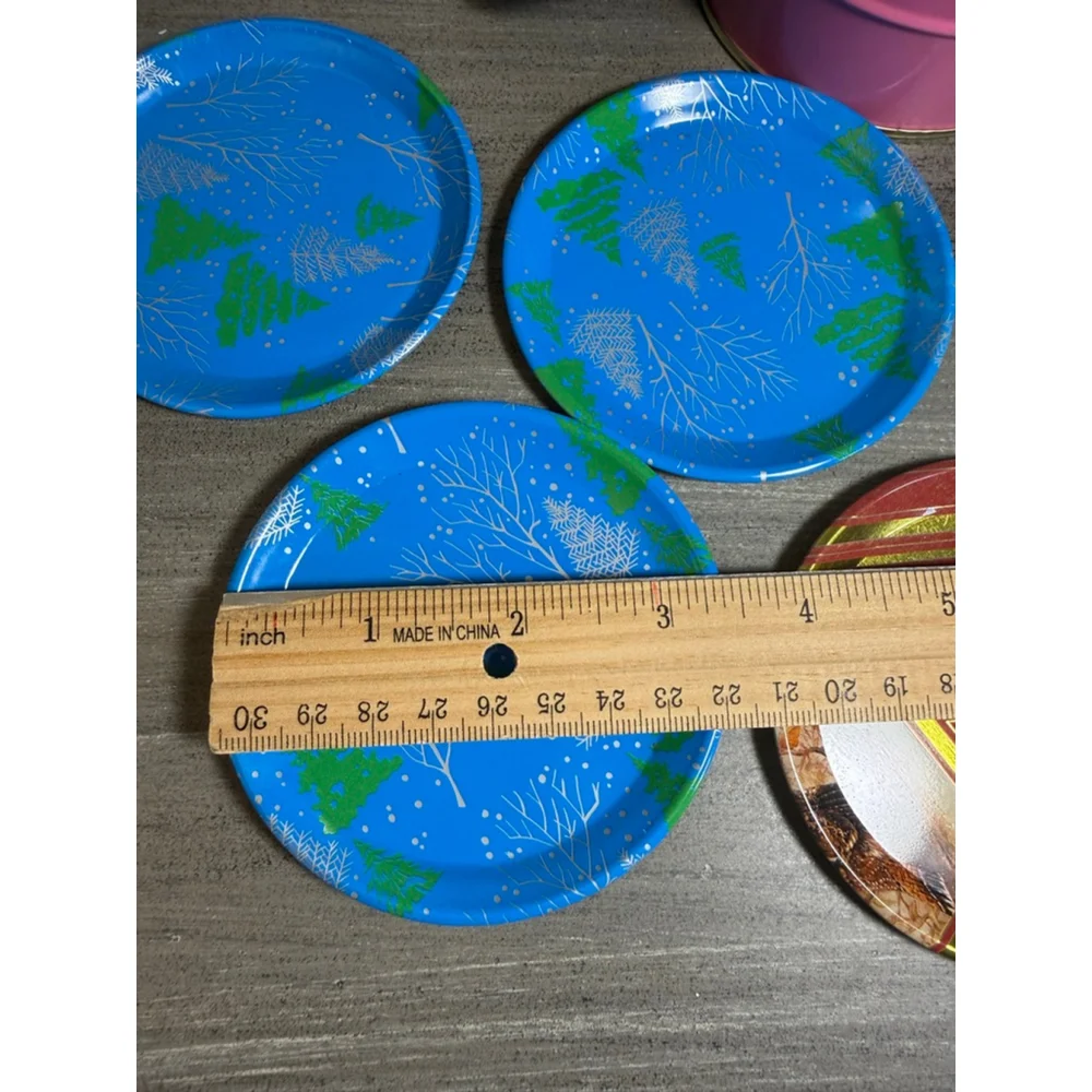 Set of 5 vintage metal holiday coasters in tin retro